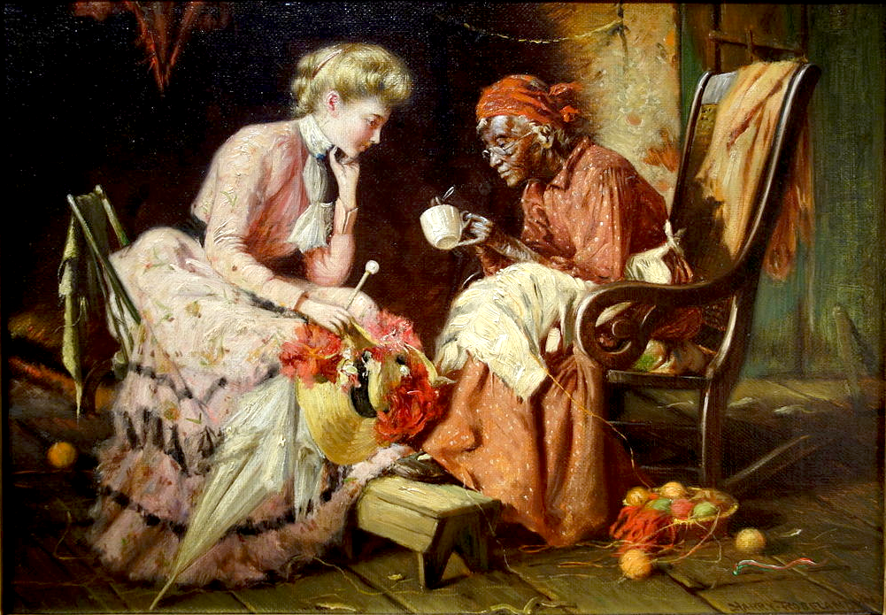 "Reading Tea Leaves", Harry Herman Rosel, 1906 public domain image. source: https://commons.wikimedia.org/wiki/File:Reading_Tea_Leaves_by_Harry_Herman_Roseland,_1906,_oil_on_canvas_-_New_Britain_Museum_of_American_Art_-_DSC09351.JPG