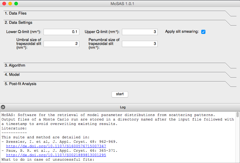 Screen shot of development version of McSAS showing upcoming smearing functionality.