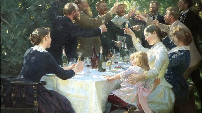 Konstnärsfest på Skagen - Peder Severin Krøyer (1888). Public domain image from: https://en.wikipedia.org/wiki/File:Hipp_hipp_hurra!_Konstn%C3%A4rsfest_p%C3%A5_Skagen_-_Peder_Severin_Kr%C3%B8yer.jpg