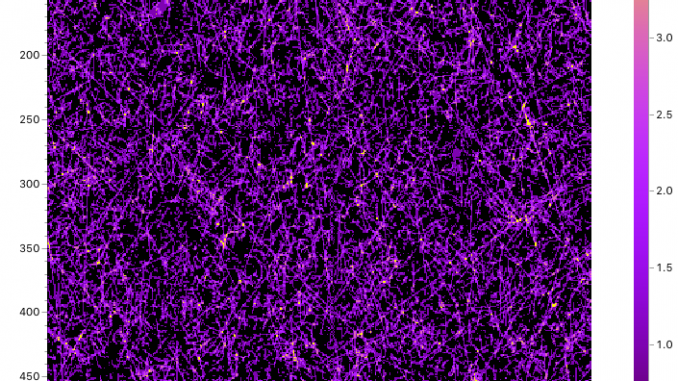 Zoomed-in area on an Eiger detector showing cosmic rays collected over 12h.